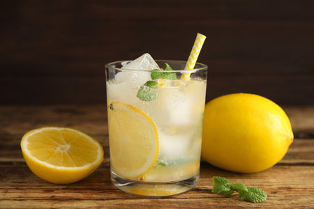 Cool freshly made lemonade and fruits on wooden tableの写真素材