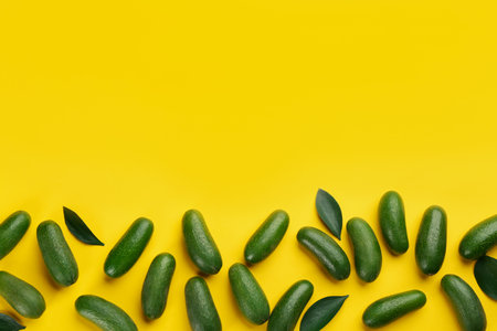 Fresh whole seedless avocados with green leaves on yellow background, flat lay. Space for textの写真素材