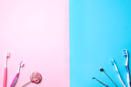 Flat lay composition with different toothbrushes on color background. Space for textの写真素材