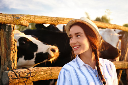 Young woman near cow pen on farm. animal husbandryの写真素材