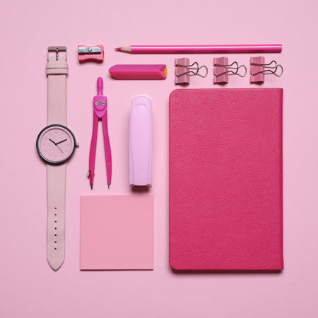 Different stationery on pink background, flat layの写真素材