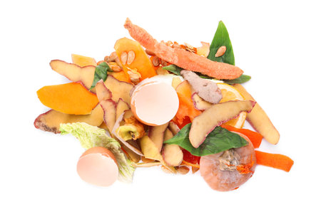Pile of organic waste for composting on white background, top viewの写真素材