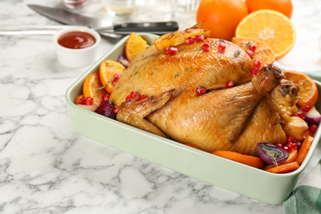 Roasted chicken with oranges, pomegranate and vegetables on white marble tableの写真素材