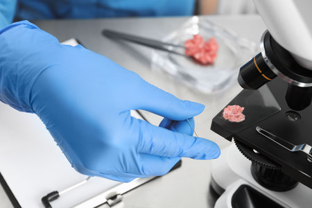 Scientist checking meat at table in laboratory, closeup. quality control