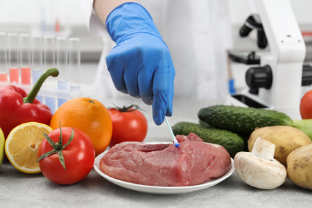 Scientist checking meat at table in laboratory, closeup. quality controlの写真素材