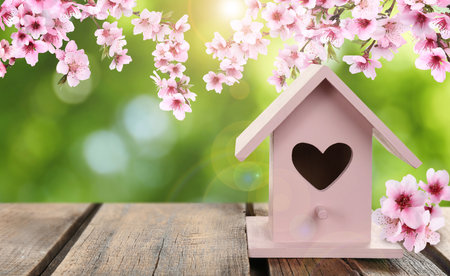 Beautiful bird house on wooden table outdoors, space for textの写真素材