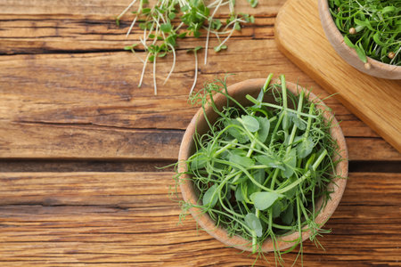 Fresh microgreens on wooden table, flat lay. Space for textの写真素材