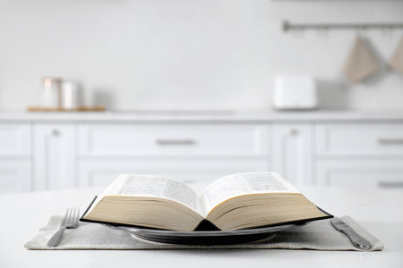 Table setting with Holy Bible on white background. Great Lent seasonの写真素材