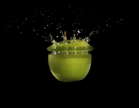 green apple falling down into clear water against black backgroundの写真素材