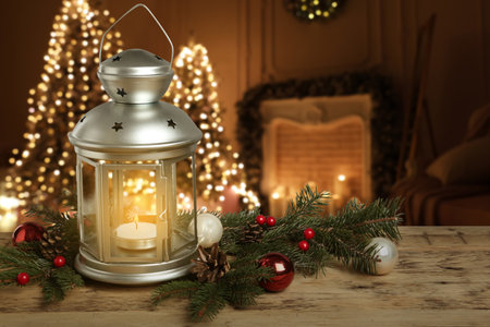 Composition with Christmas lantern on table in decorated roomの写真素材