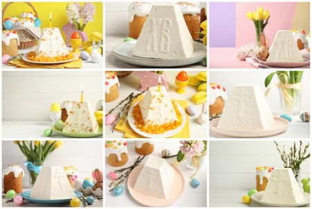 Collage with photos of cheese Easter paskhasの写真素材