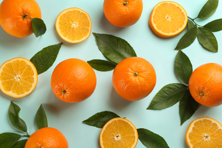Fresh ripe oranges with green leaves on light blue background, flat lay