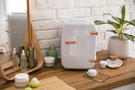 Mini fridge for cosmetic products on wooden vanity tableの写真素材