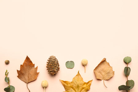 Flat lay composition with autumn leaves on light background, space for textの写真素材