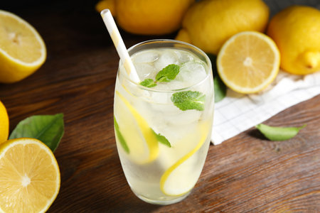 Cool freshly made lemonade in glass on wooden table, closeupの写真素材