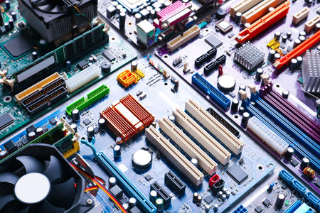 Many computer motherboards on table. electronic deviceの写真素材