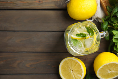Mason jar of cold lemonade and ingredients on wooden table, flat lay. Space for textの写真素材