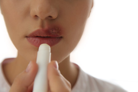 Woman with herpes applying lip balm against light background, closeupの写真素材