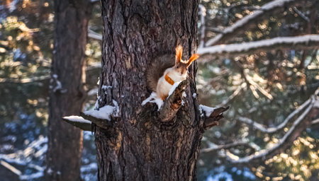 Cute squirrel on pine tree in winter forestの写真素材