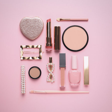 Flat lay composition with different cosmetic products on pink backgroundの写真素材