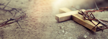 Passion Of Jesus Christ. Crown of thorns and wooden cross on stone, banner designの写真素材
