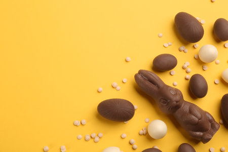 Flat lay composition with chocolate Easter bunny, eggs and candies on yellow background. Space for textの写真素材