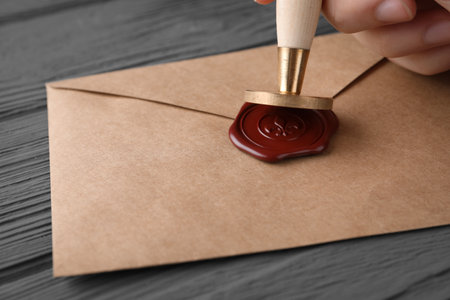 Woman sealing envelope on black wooden table, closeupの写真素材