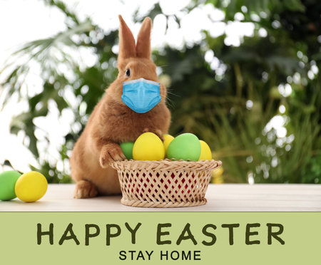 Text Happy Easter Stay Home and cute bunny in protective mask on white table outdoors. Holiday...