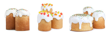 Set with traditional Easter cakes on white background, banner design