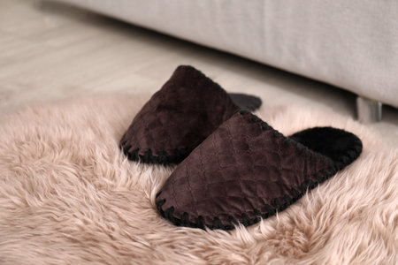Pair of brown soft slippers on floor in roomの写真素材