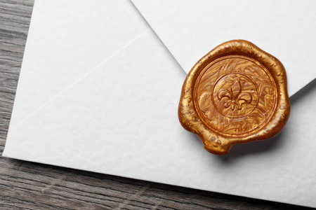 White envelope with wax seal on wooden background, closeupの写真素材