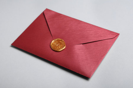 Red envelope with wax seal on gray backgroundの写真素材
