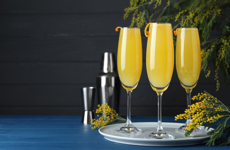 Glasses of Mimosa cocktail with flowering branches on light blue wooden table. Space for textの写真素材