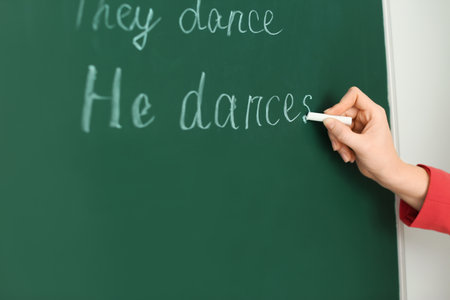 English teacher writing on green chalkboard at lesson, closeupの写真素材