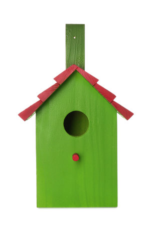 Beautiful green wooden bird box isolated on whiteの写真素材