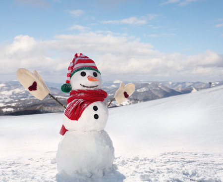 Funny snowman outdoors on sunny day, space for textの写真素材