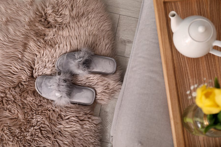 Pair of light gray soft slippers on floor in room, flat layの写真素材
