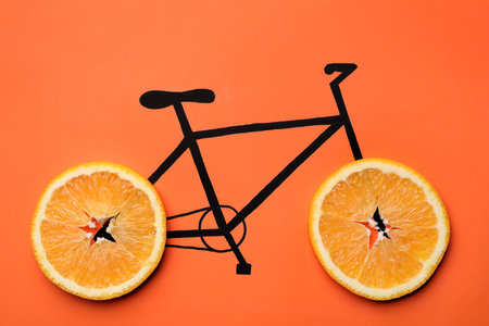 Drawn bicycle with orange slices instead of wheels on coral background, top viewの写真素材