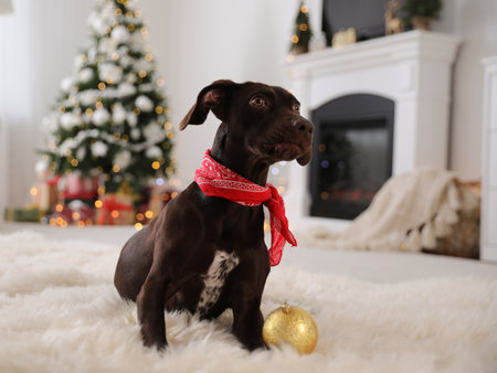 Cute dog with Christmas ball at homeの写真素材