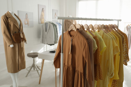 Collection of stylish women's clothes in modern boutiqueの写真素材