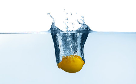 Ripe lemon falling down into clear water with splashes against white backgroundの写真素材