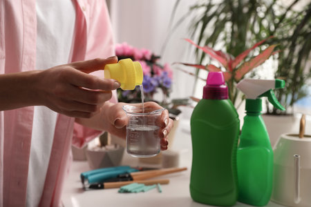 Woman mixing liquid fertilizer with water to take care of house plants indoors, closeupの写真素材