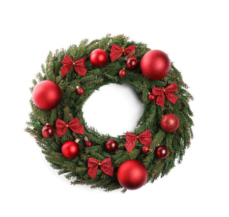 Beautiful Christmas wreath isolated on white, top viewの写真素材