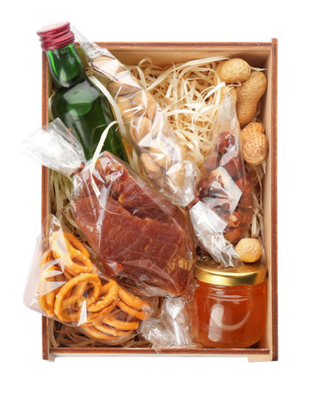 Stylish gift set in wooden box isolated on white, top viewの写真素材