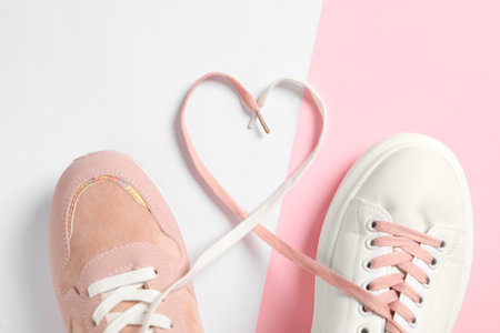 Pair of stylish shoes with laces on color background, flat layの写真素材