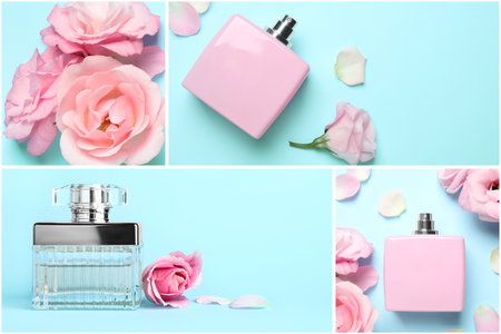 Creative collage with photos of luxury perfume and beautiful flowers on color backgrounds
