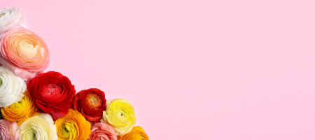 Beautiful ranunculus flowers on pink background, flat lay. Space for textの写真素材