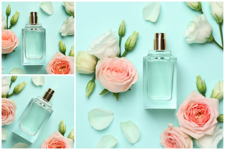 Creative collage with photos of luxury perfume and beautiful flowers on color backgroundsの写真素材