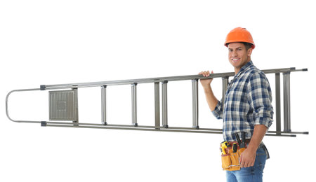 Professional builder carrying metal ladder on white backgroundの写真素材
