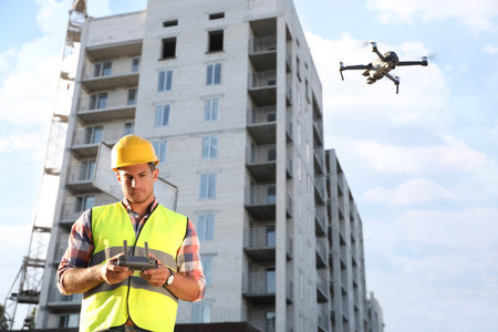 Builder operating drone with remote control at construction site. aerial photographyの写真素材
